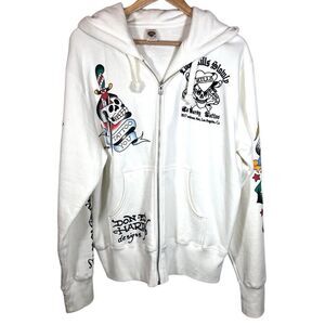 Vintage Y2K Ed Hardy Christian Audigier Love Kills Zip Up Cream Hoodie Large